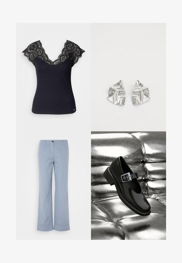 Schwarzes, geripptes Tanktop mit tiefem V-Ausschnitt und Spitzenverzierungen an den Schultern sowie gewellten Kanten. Minimale Hardware-Akzente am Saum.; Hellblaue Leinenhose mit geradem Bein, Knopfverschluss und umgeschlagenem Saum. Glatte Textur, entworfen für legere Kleidung.; Schwarze Leder-Mary-Jane-Schuhe mit quadratischer Zehenform, einem silbernen Schnallenakzent und einem robusten, niedrigen Absatz, vor einem glänzenden silbernen Hintergrund.; Silberne Metallohrringe mit einem wellenförmigen, skulpturalen Design, das eine polierte Oberfläche und unregelmäßige Formen aufweist, die eine zeitgenössische Ästhetik betonen.