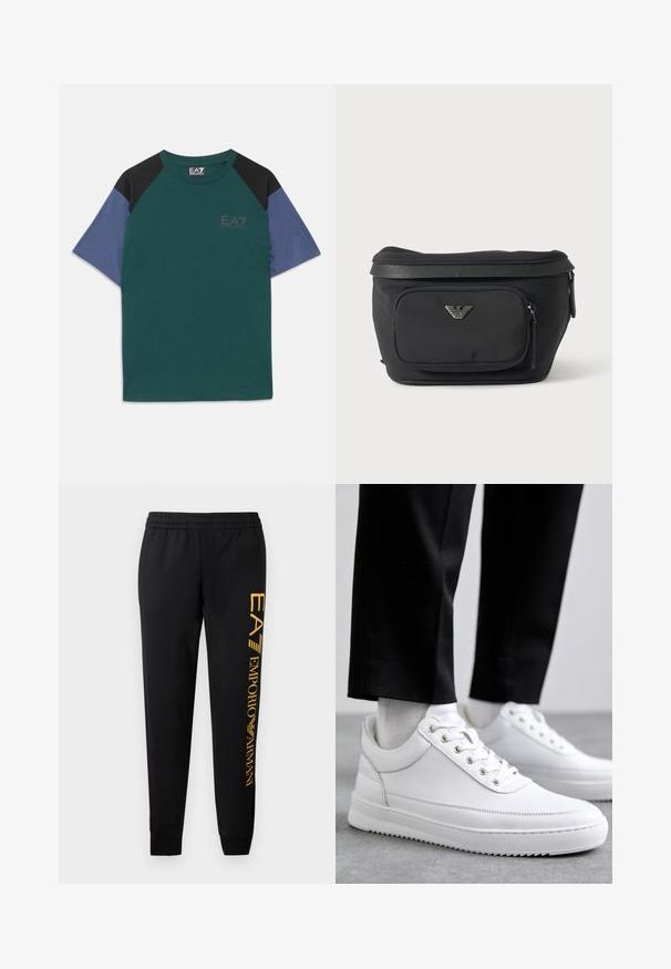Lühikese varrukaga T-särk rohelise kehaga, mustade õlavarrepaneelidega, siniste varrukatega ning rindkerel väikese EA7 Emporio Armani logoga.; Mustad mustad püksid elastse vöökoha ja mansettidega. Vasakul jalal on vertikaalne kuldne logoprint. Valmistatud pehmest kangast.; Valged nahast tennisetossud, millel on lame kummist tallapool, sile viimistlus, ümar varvas ja metallist silmadega paelte jaoks. Kantud mustade pükstega.; Must vöökott esiluku tasku ja hõbedase kotka logoga, siledast kangast tekstuurse äärega ja tõmblukuga.