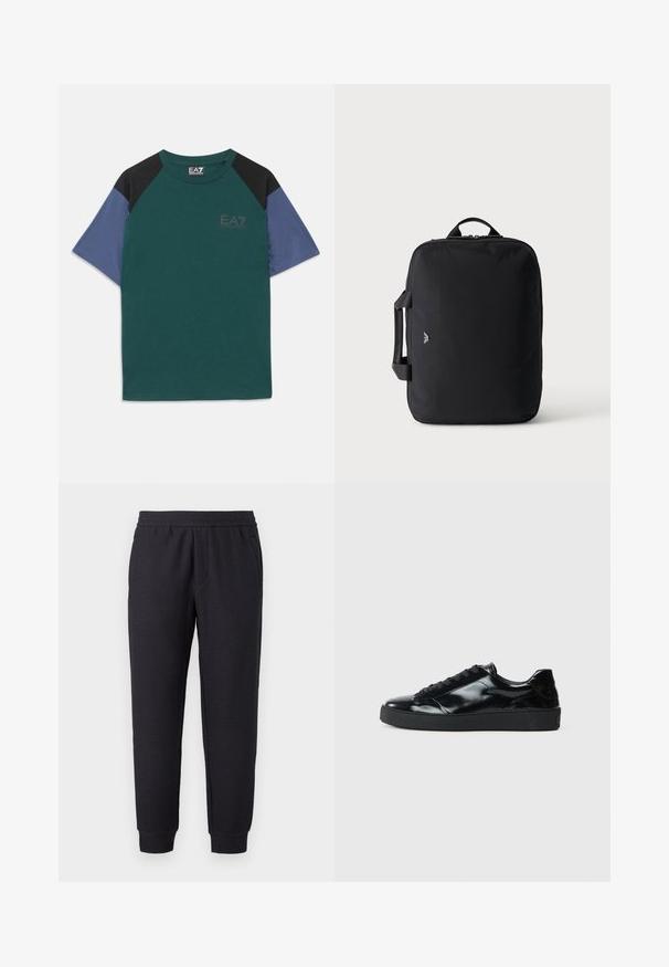 Kurzhärmeliges T-Shirt mit grünem Körper, schwarzen Schulterpaneelen, blauen Ärmeln und kleinem EA7 Emporio Armani-Logo auf der Brust.; Schwarze, verjüngte Sweatpants mit elastischem Bund und Bündchen, mit subtil strukturiertem Muster und seitlichen Taschen.; Schwarze Lackledersneaker mit runder Zehenform, Schnürdesign, strukturiertem Gummisohle und glatter Oberfläche.; Schwarze rechteckige Reisetasche mit oberen und seitlichen Griffen, minimalistischem Design und kleinem Logo vorne vor hellem, einfarbigem Hintergrund.