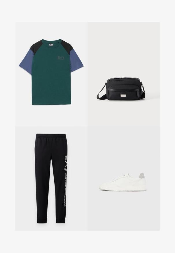 Kortærmet T-shirt med grøn krop, sorte skulderpaneler, blå ærmer og et lille EA7 Emporio Armani-logo på brystet.; Sorte sweatpants lavet af en bomuldsblanding, med elastisk talje, smalle ben, ribbede manchetter og hvidt logo print langs siden.; Hvid lavtop-sneaker med gråt hælflig, hvide snørebånd og tekstureret sål, vist på en ensfarvet lys baggrund.; Sort rektangulær crossbody-taske med front lynlåslomme, justerbar rem og sølv rektangulært logo mærke på ensfarvet baggrund.