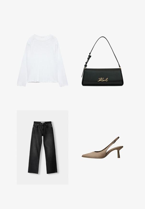 Chemise blanche à manches longues en tissu doux, dotée d'un col rond et de manches raglan avec une coupe ample et peu de détails.; Bershka Jean droit - mottled dark grey; Escarpin slingback en daim beige avec bout pointu, talon bas et découpe latérale ornée d'une boucle réglable. Texture lisse et silhouette élégante.; Sac à épaule rectangulaire en cuir noir avec bandoulière ajustable et signature dorée "Karl" sur le rabat avant.