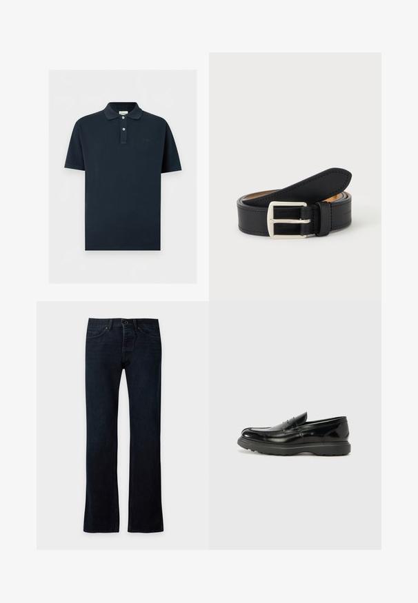 Navy blue short-sleeve polo shirt with two white buttons and a small embroidered logo on the chest against a plain white background.; Dark blue straight-leg denim jeans with front button and zipper closure, front and back pockets, shown flat on a light background.; Black leather loafer with a glossy finish, rounded toe, subtle stitching details, and a thick rubber sole for durability.; Black leather belt rolled up with visible silver rectangular metal buckle on a plain light background.