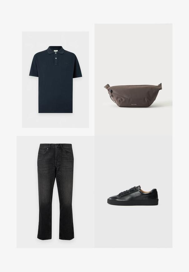 Polo bleu marine à manches courtes avec deux boutons blancs et un petit logo brodé sur la poitrine sur fond blanc uni.; Jean en denim noir avec une coupe droite, comportant des poches avant et une fermeture à bouton. Décoloration subtile et détail de tissu texturé.; Baskets en cuir noir avec une texture lisse, bout rond et fermeture à lacets. Comprend une semelle en caoutchouc épaisse et un minimum de détails de marque.; Sac banane en tissu marron foncé avec poche zippée en diagonale et petit logo blanc sur le devant, sur un fond clair uni.