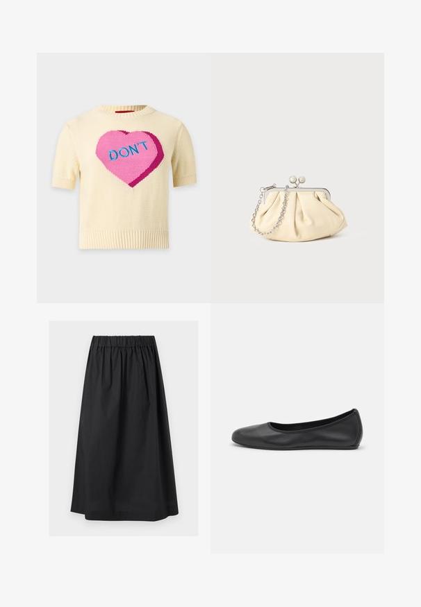 Pull en maille crème à manches courtes avec un grand cœur rose et le mot "DON'T" en lettres bleues sur le devant.; Jupe noire mi-genoux avec taille élastique et silhouette en A sur fond blanc uni.; Ballerines en cuir noir avec un bout rond, texture lisse, détails de couture minimalistes et design de semelle flexible.; Pochette en cuir beige plissé avec un cadre en métal argenté, dotée de deux fermoirs ronds décoratifs et d'une chaîne en argent.