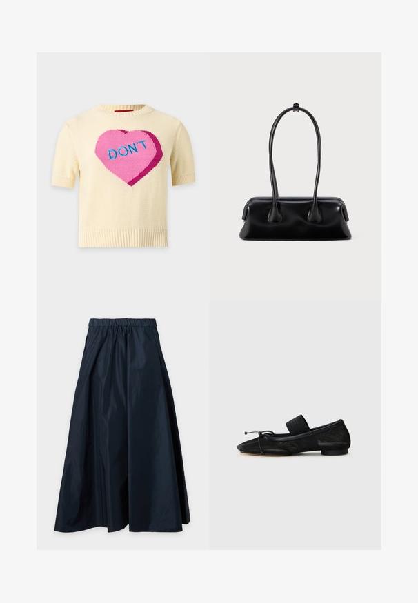Pull en maille crème à manches courtes avec un grand cœur rose et le mot "DON'T" en lettres bleues sur le devant.; Jupe longue noire taille haute avec taille élastique et un design évasé en tissu lisse sur un fond uni.; Chaussure plate noire avec un bout pointu, fabriquée en tissu texturé, avec un accent à nœud et un petit talon rond. Sangle élastique au niveau de la cheville.; Sac à main en cuir noir avec deux poignées allongées, une texture lisse et une base arrondie, ornée d'accents décoratifs sur les côtés.
