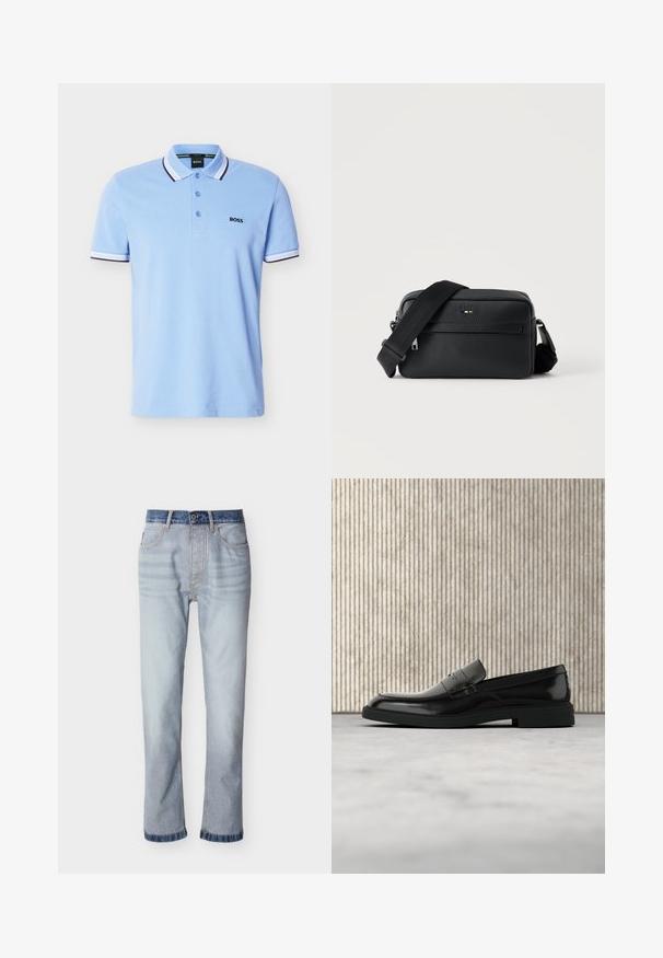 Polo bleu clair à manches courtes avec col et bords de manches rayés blancs et noirs, patte de boutonnage, et logo "BOSS" sur la poitrine.; Jean denim bleu clair avec une ceinture bleu foncé, coupe droite, cinq poches et détails de couture visibles.; Mocassin en cuir noir poli flottant au-dessus d'un tapis beige avec un mobilier translucide orange en arrière-plan.; Sac bandoulière en cuir noir texturé avec poche avant zippée et bandoulière large en tissu réglable sur fond blanc.