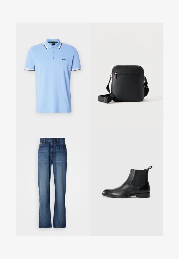 Polo bleu clair à manches courtes avec col et bords de manches rayés blancs et noirs, patte de boutonnage, et logo "BOSS" sur la poitrine.; Jean en denim bleu avec une taille haute, jambes évasées, design à cinq poches et couture ton sur ton. Comprend une fermeture à bouton et des poches rivetées.; Bottine en cuir noir avec des panneaux latéraux élastiques, bout rond et tirette. Texture lisse, semelle plate, design minimaliste.; Sac bandoulière en cuir noir avec poche zippée à l'avant et bandoulière réglable sur fond blanc uni.