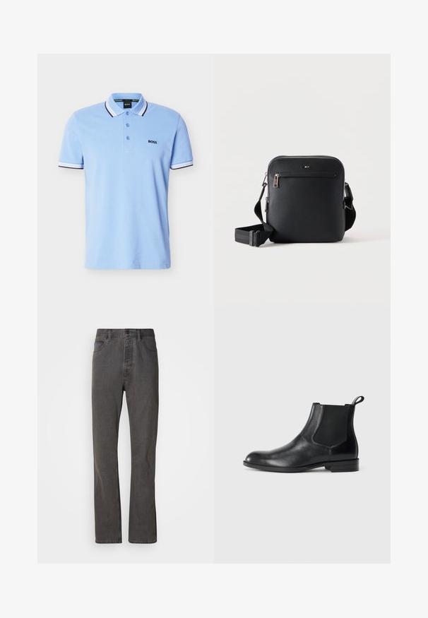 Polo bleu clair à manches courtes avec col et bords de manches rayés blancs et noirs, patte de boutonnage, et logo "BOSS" sur la poitrine.; Jeans en denim gris avec une coupe droite, dotés de poches avant, d'une fermeture à bouton et d'une texture subtile.; Bottine en cuir noir avec des panneaux latéraux élastiques, bout rond et tirette. Texture lisse, semelle plate, design minimaliste.; Sac bandoulière en cuir noir avec poche zippée à l'avant et bandoulière réglable sur fond blanc uni.