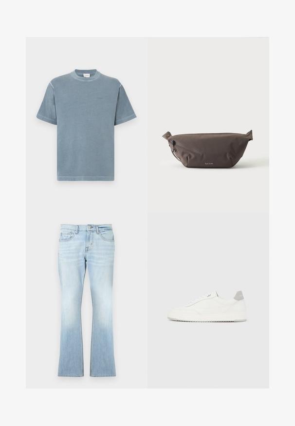 T-shirt en coton bleu à manches courtes, col rond et broderie de logo subtile. Texture douce avec une coupe décontractée et un ourlet droit.; Jean évasé bleu clair en denim. Comprend cinq poches, une fermeture à bouton et fermeture éclair, avec un effet délavé vers l'ourlet.; Baskets basses blanches avec un onglet de talon gris, des lacets blancs et une semelle texturée, présentées sur un fond uni clair.; Sac banane en tissu marron foncé avec poche zippée en diagonale et petit logo blanc sur le devant, sur un fond clair uni.