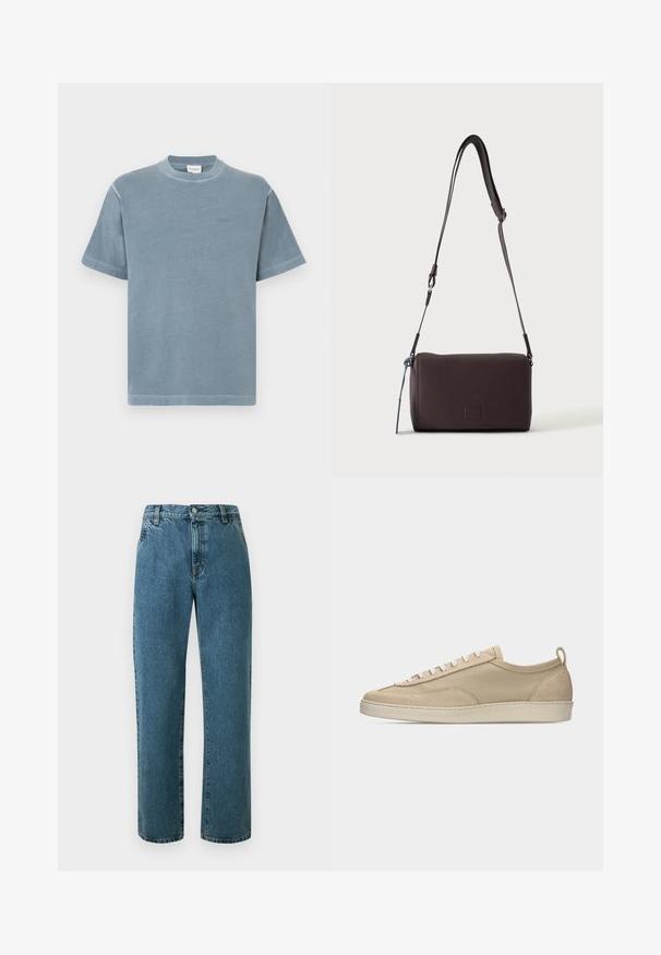 T-shirt en coton bleu à manches courtes, col rond et broderie de logo subtile. Texture douce avec une coupe décontractée et un ourlet droit.; Jean en denim bleu taille haute avec jambes droites, fermeture à boutons et fermeture éclair à l'avant, et poches latérales, présenté sur un fond clair.; Baskets beige basses avec tige en tissu et daim, lacets blancs, semelle en caoutchouc et languette à l'arrière, présentées en profil latéral sur fond blanc.; Sac bandoulière en cuir marron foncé texturé avec une sangle réglable et un petit accent décoratif bleu sur le côté.