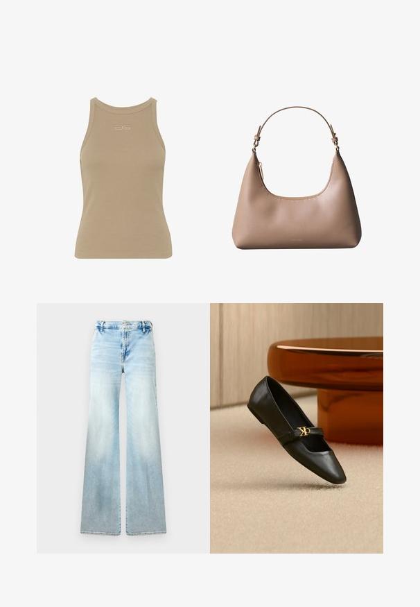Top sin mangas de canalé beige con escote redondo, diseño sin mangas y un pequeño logo en relieve en el centro delantera. Textura de tela suave.; Jeans acampanados de color azul claro, confeccionados en denim. Presentan un lavado desvaído, bolsillos estándar y un cierre de botón en la cintura.; Zapato plano de cuero negro con puntera puntiaguda y logo dorado de CK en la correa, colocado sobre una alfombra beige cerca de una mesa redonda marrón ámbar.; Bolso de hombro de cuero beige con asa corta, cremallera superior curvada y logotipo minimalista de Calvin Klein en el frente.