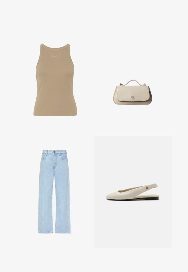 Beige ribbet t-shirt med rund halsudskæring, ærmeløs design og et lille præget logo midt foran. Blød stoftekstur.; Lyseblå denimjeans med høj talje og vide ben, med et diskret diamantquiltet mønster over det hele.; Flatsko i cremefarvet læder med rundet tå og lille guldemblem på remmen.; Lille beige læderhåndtaske med top håndtag og sølv CK-logo på frontklap, vist mod en hvid baggrund.
