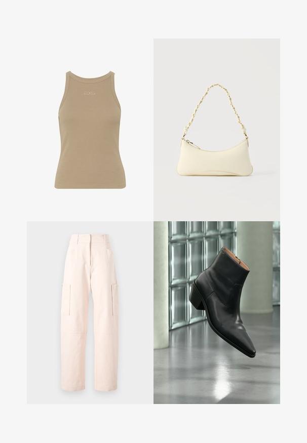 Beige gerippter Tanktop mit rundem Ausschnitt, ärmellosem Design und kleinem geprägtem Logo in der Mitte der Vorderseite. Weiche Stoffstruktur.; Helle rosa Cargo-Hosen aus Baumwolle, mit geradem Schnitt, zwei Seitentaschen und einem Bund mit elastischen Details.; Schwarzer Leder-Stiefelette mit spitzer Schuhspitze und Blockabsatz, der über einem reflektierenden grauen Boden nahe einer Glassteinwand schwebt.; Kleine handtasche in Cremefarben mit geschwungener Form und geflochtenem, goldfarbenem Kettenhenkel, Reißverschluss oben