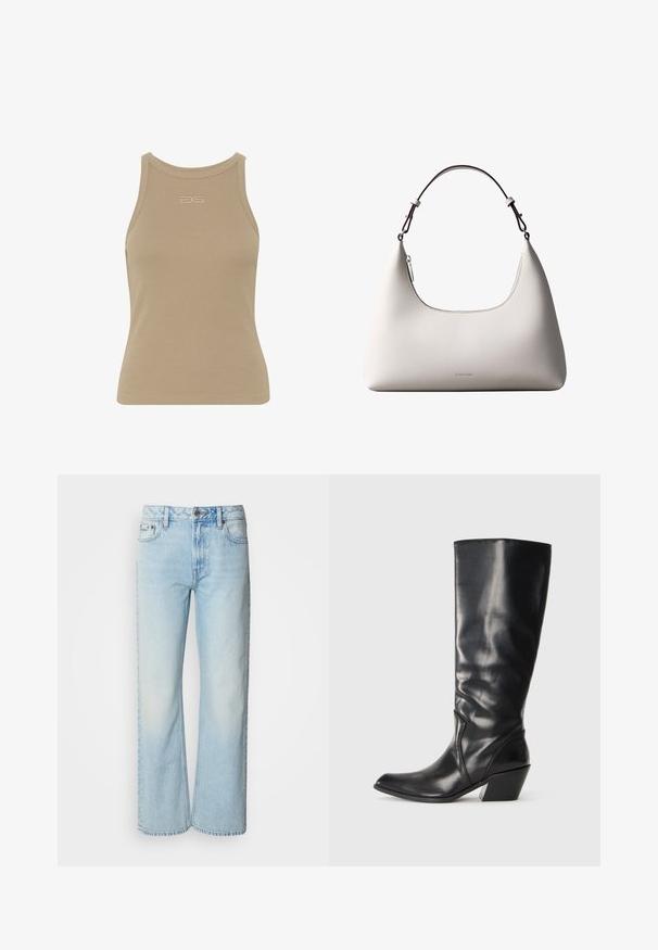 Beige gerippter Tanktop mit rundem Ausschnitt, ärmellosem Design und kleinem geprägtem Logo in der Mitte der Vorderseite. Weiche Stoffstruktur.; Helle blaue weit geschnittene Jeans aus Denim, mit einem klassischen Fünf-Taschen-Design und einer dezenten, gewaschenen Textur. Die Denim-Nähte sind sichtbar.; Schwarze Leder-Stiefel bis zum Knie mit spitzem Zeh, angularer Ferse und glatter Textur. Verfügt über einen dezenten gesteppten Akzent an der Seite.; Cremefarbene Calvin Klein Lederschultertasche mit gebogener Oberkante, silbernem Reißverschluss und dunkelbraunem verstellbarem Riemen.