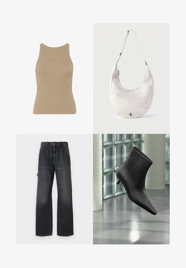 Top sin mangas de canalé beige con escote redondo, diseño sin mangas y un pequeño logo en relieve en el centro delantera. Textura de tela suave.; Jeans de pierna ancha en denim gris oscuro, con una cintura alta, bolsillos frontales y un sutil desgaste en los muslos. Detalle de costura en contraste.; Bota de cuero negro para el tobillo con puntera puntiaguda y tacón pequeño, exhibida frente a una pared de bloques de vidrio y un suelo pulido.; Bolso de hombro blanco en forma de media luna con correa ajustable y logo negro "cK" cerca del centro inferior sobre fondo liso.