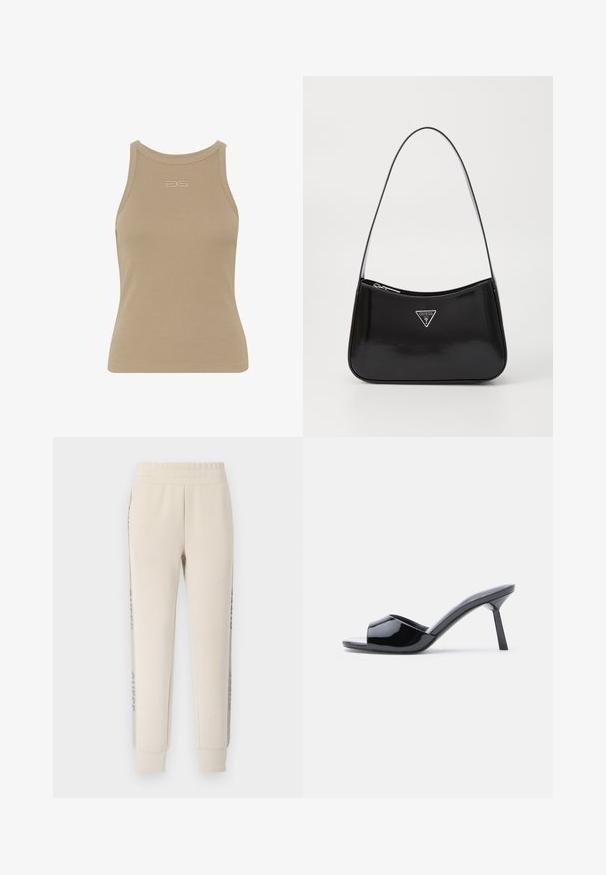 Top sin mangas de canalé beige con escote redondo, diseño sin mangas y un pequeño logo en relieve en el centro delantera. Textura de tela suave.; Pantalones de chándal beige con una textura suave, cinturilla elástica y rayas laterales con un acento estampado. Pernera ajustada y puños en los dobladillos.; Sandalias de tacón con punta abierta de charol negro, con un diseño superior curvado y tacón de aguja cónico. Acabado liso y brillante.; Bolso de hombro de charol negro con forma curva, que presenta un logotipo triangular plateado y un cierre de cremallera. Textura suave y correa delgada.