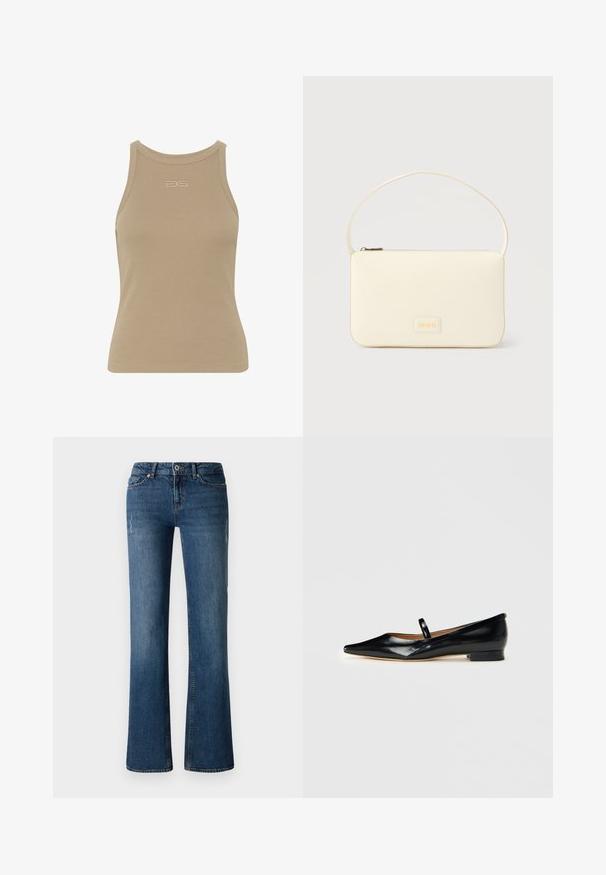 Beige ribbet t-shirt med rund halsudskæring, ærmeløs design og et lille præget logo midt foran. Blød stoftekstur.; Mørkeblå denim jeans med flared ben design, der har subtile fading og slidte detaljer nær lår- og knæområdet.; Sorte patenterede læder Mary Jane flade sko med spids tå, én rem og lav hæl på ensfarvet baggrund.; Kremfarvet rektangulær håndtaske med en enkelt rem og lynlås øverst, med en lille præget logo-plakette foran.