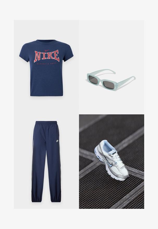 Μπλε σκούρο κοντομάνικο t-shirt με τη λέξη "NIKE" σε μεγάλα κόκκινα γράμματα και ένα μικρό κόκκινο λογότυπο Nike πάνω, καθώς και τη φράση "ATHLETIC DEPT." κάτω.; Ναυτικό μπλε φόρμες Nike με ελαστική μέση, λευκές πλευρικές ρίγες και ένα μικρό λογότυπο στο αριστερό μηρό. Υφασμάτινη επιφάνεια, στενές μανσέτες.; Λευκό αθλητικό παπούτσι από διχτυωτό υλικό με ασημένιες λεπτομέρειες, ανοιχτό μπλε ραφή και μαύρο λογότυπο Swoosh. Διαθέτει επενδεδυμένο κολάρο και υφή στη σόλα.; Ενα ζευγάρι ορθογώνια γυαλιά ηλίου με ανοιχτό μπλε ημιδιαφανείς σκελετούς και σκούρους γκρι φακούς, διαθέτοντας ίσιες βραχίονες και ελάχιστες λεπτομέρειες υλικών.