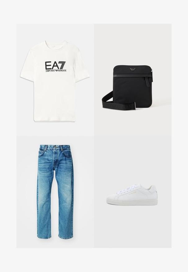 Camiseta blanca de algodón con un logo negro de EA7 y el texto "EMPORIO ARMANI". Mangas cortas, cuello redondo, corte regular, textura suave.; Jeans de mezclilla azul con un ajuste relajado, que cuentan con cinco bolsillos, cierre de botón y un ligero desvanecimiento con un dobladillo ligeramente deshilachado.; Zapatillas bajas de cuero blanco con puntera redonda, cordones planos, suela texturizada y sutil marca dorada en el lateral. Superficie lisa y diseño minimalista.; Bolso de hombro negro cuadrado con cierre de cremallera, bolsillo delantero y correa ajustable con nombre de marca en relieve.