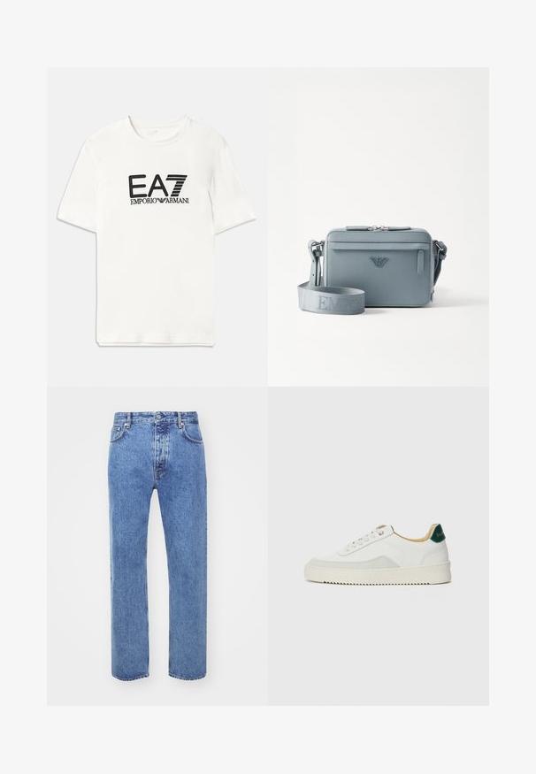 Biele bavlnené tričko s čiernym logom EA7 a textom "EMPORIO ARMANI". Krátke rukávy, oválny výstrih, bežný strih, hladká textúra.; Won Hundred STEVE - Džínsy voľného strihu - cut blue; Biele tenisky s semišovými akcentmi, zaoblenou špičkou, plochými šnúrkami a krémovou gumovou podrážkou. Na päte sú zelené značky.; Modrá štruktúrovaná kabelka na kríž vyrobená z textúrovaného materiálu, s uzáverom na zips, prednou kapsou a nastaviteľným popruhom s brandingom "EMPOR".
