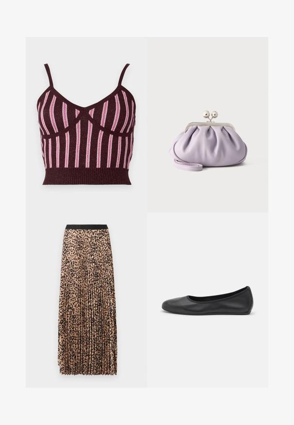 Burgundský pletený crop top s tenkými ramienkami, so vzorom vertikálnych ružových metalických pruhov a rebrovaným lemom. Textúrovaná látka s definovanými švami.; Maxi sukňa s plisovaním v béžovej farbe s čiernym leopardím vzorom. Disponuje čiernym pásom, mäkkou textúrou a prúdiacim dizajnom.; Čierne kožené baleríny s okrúhlou špičkou, hladkým povrchom, minimálnym prešívaním a flexibilným dizajnom podrážky.; Mäkké levanduľové listové puzdro so zvraštenou látkou, strieborným zapínaním kiss-lock a zodpovedajúcim náramkom na jednoduchom svetlom pozadí.