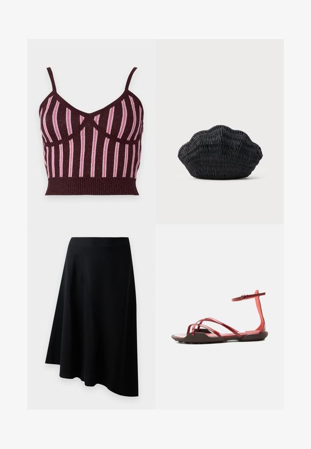 Burgundy strikket crop top med tynde stropper, der har vertikale lyserøde metalliske striber og en ribbet kant. Struktureret stof med definerede sømme.; Sort A-linje nederdel lavet af glat materiale, med diagonale sømdetaljer og et flydende design, der hænger let ved sømmen.; Rød flad sandal med flere tynde remme, ankelspænde og en let forhøjet brun sål mod en ensartet lys baggrund.; Sort flet håndtaske formet som en muslingeskal med en buet top og flettet tekstur på en ensfarvet baggrund.
