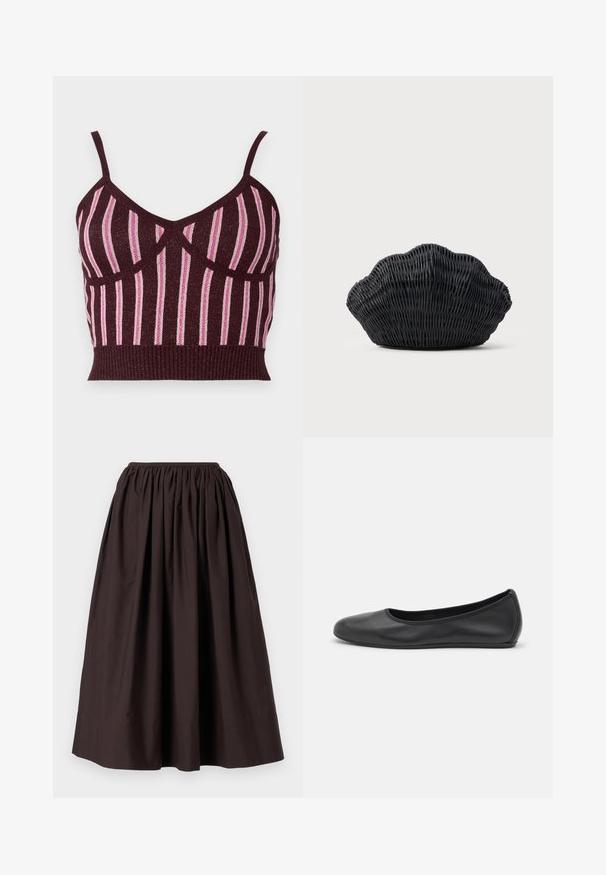 Burgundy strikket crop top med tynde stropper, der har vertikale lyserøde metalliske striber og en ribbet kant. Struktureret stof med definerede sømme.; Brun, ankel-længde nederdel lavet af letvægtsstof med elastisk talje og samlet design for en voluminøs effekt.; Sort læderballetsko med rund tå, glat tekstur, minimal syning og et fleksibelt såldesign.; Sort flet håndtaske formet som en muslingeskal med en buet top og flettet tekstur på en ensfarvet baggrund.