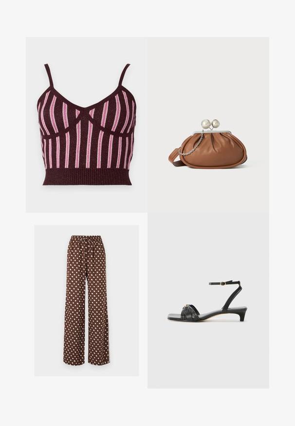 Burgundy strikket crop top med tynde stropper, der har vertikale lyserøde metalliske striber og en ribbet kant. Struktureret stof med definerede sømme.; Brune vidde bukser med hvide polkaprikker, elastisk talje og snøre detaljer, vist på en ensfarvet lys baggrund.; Sorte lædersandal med firkantet tå, vævet remdesign, ankelrem med gyldent hardware og en lav, spidset hæl.; Brun læder clutch-pung med sølv kugleklap og en lille sølv kædedetalje på en hvid baggrund.