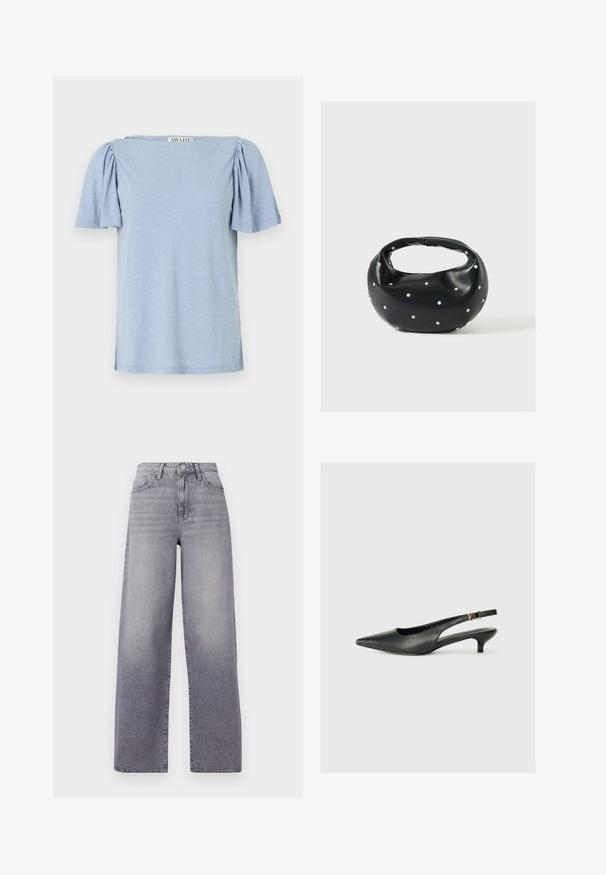 Lichtblauw T-shirt met korte mouwen, poffende mouwen en een vierkante halslijn. Gemaakt van zacht materiaal met een licht gestructureerde afwerking.; Hoge taille, wijde pijpen jeans van lichtgrijs denim. Voorzien van een klassiek vijf-pocket ontwerp, subtiele vervaging en een metalen knoopsluiting.; Zwarte puntschoen met slingback van soepel leer. Kenmerkt zich door een dunne hak en een gespdetail op de verstelbare band.; Zwarte leren handtas met een afgeronde vorm, versierd met zilveren studs, en een korte handgreep. Gladde textuur en ritsluiting.
