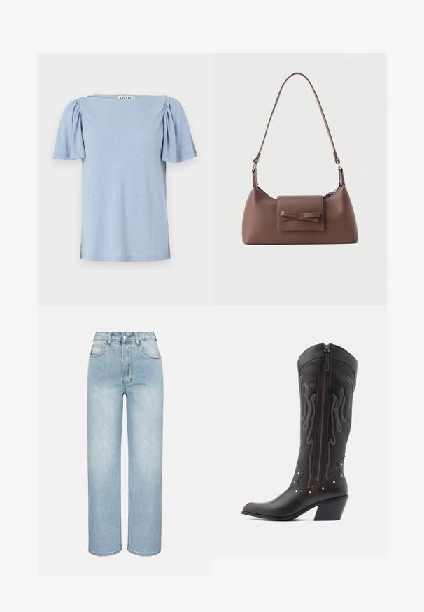 Blusa corta de manga corta en azul claro con mangas abullonadas y escote cuadrado. Elaborada con un material suave con un acabado ligeramente texturizado.; Vaqueros azul claro de tiro alto y pierna recta, con cierre de botones delanteros, cremallera, trabillas para cinturón y diseño de cinco bolsillos sobre un fondo liso.; Botas de cowboy de cuero marrón con costuras en forma de llama, cremallera lateral, tachuelas plateadas, punta puntiaguda y tacón apilado.; Bolso bandolera de cuero marrón con un bolsillo frontal de solapa que presenta un detalle de moño cosido y una correa ajustable.
