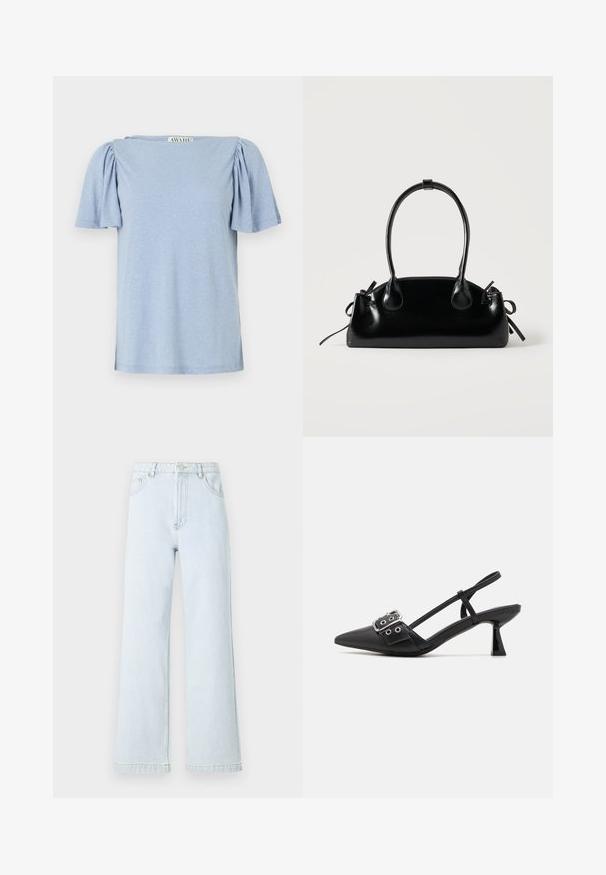 Hellblaues Kurzarmoberteil mit puffigen Ärmeln und quadratischem Ausschnitt. Hergestellt aus weichem Material mit einer leicht strukturierten Oberfläche.; Helle blaue Denim-Breite-Bein-Jeans mit hoher Taille, Fünf-Taschen-Design und goldenen Nähdetails. Glatte Struktur und gerader Schnitt.; Simmi London DALA - Pumps - black; Kleine schwarze glänzende Handtasche mit zwei langen Griffen und seitlichen Kordelzug-Details vor einfachem hellem Hintergrund.