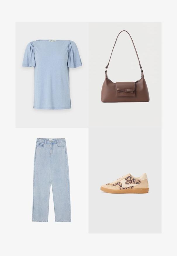Lichtblauw T-shirt met korte mouwen, poffende mouwen en een vierkante halslijn. Gemaakt van zacht materiaal met een licht gestructureerde afwerking.; Lichtblauwe, high-waisted denim jeans met een straight-leg snit, vijf zakken en zichtbare stiksels. Het materiaal heeft een klassieke wassing.; Luipaardprint sneakers met een beige suède bovenkant, tan rubberen zool en witte accenten. Ronde neus en vetersluiting met een gestructureerde afwerking.; Bruine leren schoudertas met een voorvak met klep en een gestikte strikdetail en een verstelbare band.