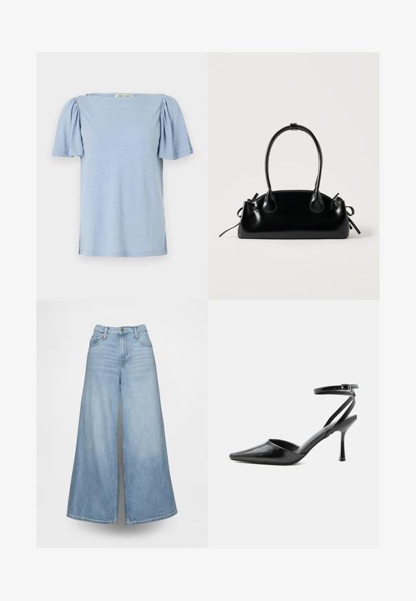 Blusa corta de manga corta en azul claro con mangas abullonadas y escote cuadrado. Elaborada con un material suave con un acabado ligeramente texturizado.; Vaqueros de pierna ancha azul claro hechos de denim, con cintura alta, bolsillos delanteros y cierre de botones. La tela tiene un lavado desgastado.; Zapato de tacón alto negro de punta fina con delgadas correas en el tobillo y cierre de hebilla plateada sobre un fondo liso claro.; Pequeño bolso negro brillante con dos asas largas y detalles de cordón lateral sobre un fondo claro liso.