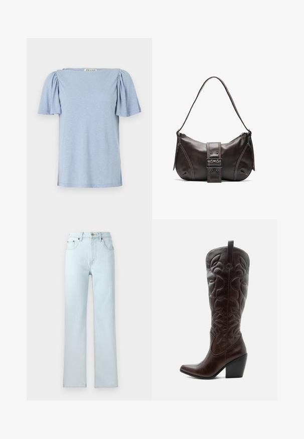 Lys blå kortærmet top med puffede ærmer og firkantet halsudskæring. Lavet af blødt materiale med en let tekstureret overflade.; Lys blå denim jeans med lige ben-design, der har fem lommer, bæltestropper og knaplukning i taljen.; Høj mørkebrun læder cowboystøvle med syede dekorative mønstre, spids tå og stablet blokhæle.; Brun læder skuldertaske med en buet form, der har et fremtrædende spænde, kontrasterende syninger og en enkelt skulderrem.