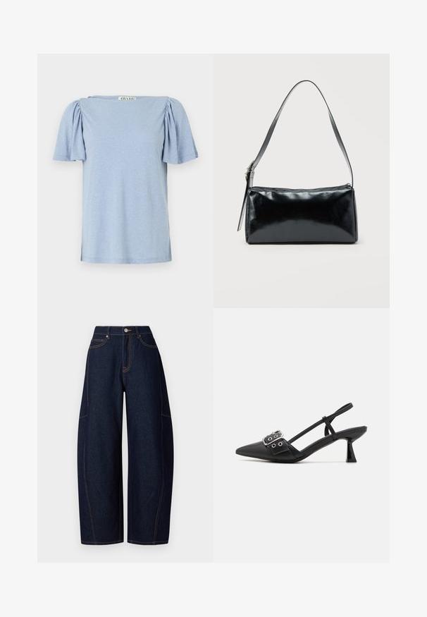 Lichtblauw T-shirt met korte mouwen, poffende mouwen en een vierkante halslijn. Gemaakt van zacht materiaal met een licht gestructureerde afwerking.; Brede donkerblauwe denim broek met contrasterende oranje stiksels, vijf zakken en een knoop- en ritssluiting aan de taille.; Simmi London DALA - Klassieke pumps - black; Zwarte rechthoekige schoudertas met een enkele verstelbare band en een bovenste ritssluiting op een effen achtergrond.