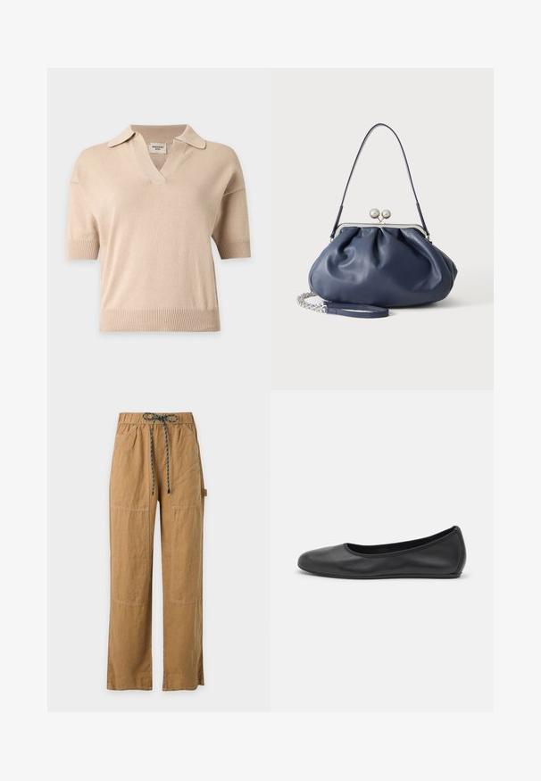 Beige short-sleeve knit sweater with a ribbed hem and cuffs, open collar, and V-neckline.; Light brown straight-leg pants with elastic waistband and dark drawstring, front pockets, and visible seam detailing.; Black leather ballet flat with a rounded toe, smooth texture, minimal stitching detail, and a flexible sole design.; Soft navy blue leather handbag with silver clasp closure, single shoulder strap, and detachable chain wrist strap on white background.