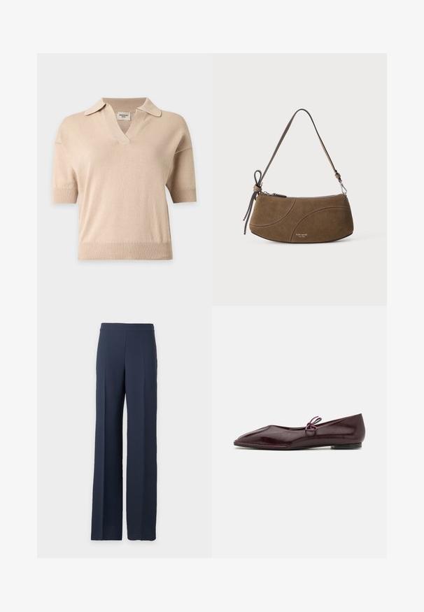Beige short-sleeve knit sweater with a ribbed hem and cuffs, open collar, and V-neckline.; Navy blue wide-leg trousers with a high waist and a clean front, displayed on a plain light gray background.; Ballet flats in burgundy patent leather with a pointed toe and a decorative purple bow on the vamp; flat sole design.; Brown suede shoulder bag with a short strap, zipper closure, and subtle curved stitching details.