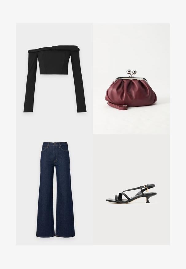 Haut court noir à épaules dénudées avec des manches longues, présentant un design structuré et des détails en nœud au niveau du col, fabriqué en tissu lisse.; Jean en denim bleu foncé à jambes larges avec taille haute, design à cinq poches, fermeture par bouton, et coutures contrastées le long des coutures.; Sandale noire en cuir à brides fines, talon bas kitten, boucle à la cheville et petit pendentif doré sur fond clair uni.; Petit sac pochette en cuir bordeaux avec fermoir métallique argenté et bracelet sur fond blanc.