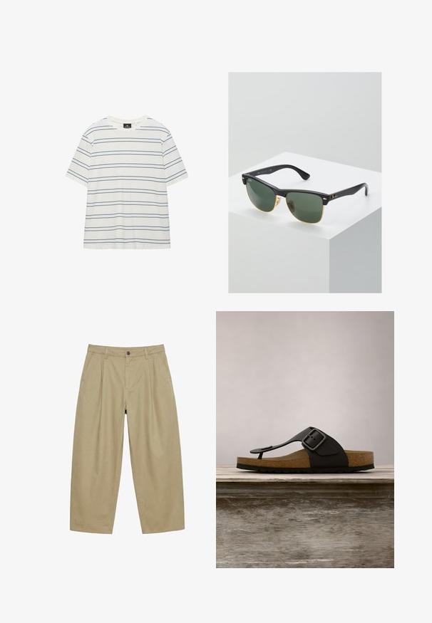 Witte T-shirt met korte mouwen, bekleed met dunne, gelijkmatig verdeelde horizontale marineblauwe strepen en een ronde hals.; Khaki broek met wijde pijpen, voorplooien, riemlussen, zijzakken en een knoopsluiting in de taille.; Zwarte Birkenstock-sandaal met gesp en kurken zool hangt boven een houten bankje buiten met een achtergrond van groen gebladerte.; Ray-Ban zonnebrillen met groene lenzen, zwarte plastic monturen en gouden accenten aan de randen. Vierkante vorm met een matte afwerking.