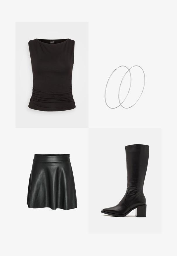Schwarzes ärmelloses Top aus dehnbarem Stoff, mit einem Bootsausschnitt und gerafften Details an der Taille, das eine taillierte Silhouette bietet.; Schwarzer Rock aus Kunstleder mit ausgestelltem A-Linien-Design, verfügt über eine glatte, glänzende Textur und einen taillierten Bund.; Zign LEATHER - Stiefel - black; Silberne Creolen mit minimalistischem Design. Rundform, glatte Oberfläche und dünnes Profil. Leichtgewichtig mit hochglänzender Oberfläche.