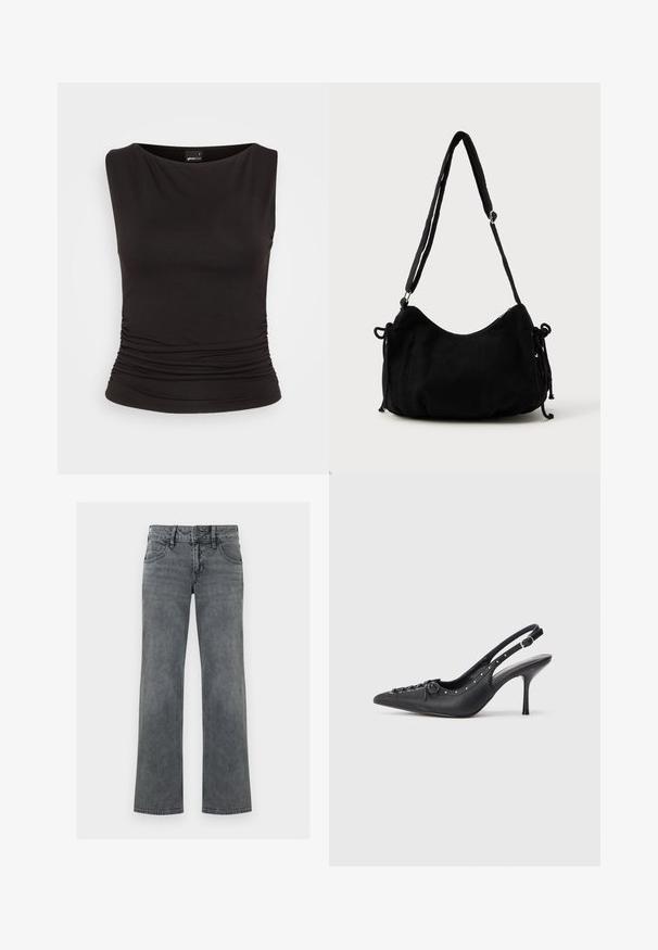 Schwarzes ärmelloses Top aus dehnbarem Stoff, mit einem Bootsausschnitt und gerafften Details an der Taille, das eine taillierte Silhouette bietet.; Graue gerade geschnittene Jeans aus Denim mit vorderer Knopfleiste, Reißverschluss und fünffacher Taschenanordnung, vor weißem Hintergrund dargestellt.; Schwarzer Leder-Slingback-Stiletto mit spitzem Zehenaufsatz, seitlichem Schnallenriemen, Nieten entlang der Kante und dekorativer Schnürung vorne.; Schwarze Cordtasche mit geschwungener Form, verstellbarem Schultergurt und Kordelzugverschlüssen an beiden Seiten zur Größenanpassung.