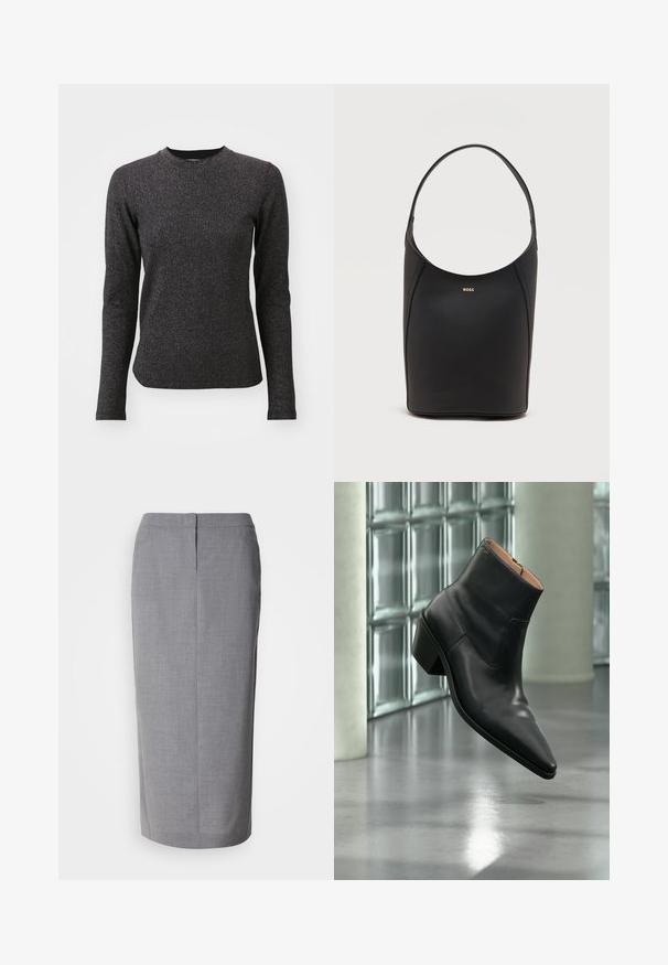 Sort langærmet skjorte med rund halsudskæring, lavet af et tekstureret, glitrende stof. Designet er tætsiddende med subtile reflekterende tråde.; Grå blyantskirt lavet af struktureret stof, med lige snit, bagslæb og skjult lynlås lukning bagpå.; Sort læderankelstøvle med spids tå og blokhæl, der svæver over en reflekterende grå gulv nær en væg af glasblokke.; Sort læder bucket taske med én skulderrem og lille guldfarvet BOSS-logo centreret tæt på toppen foran.