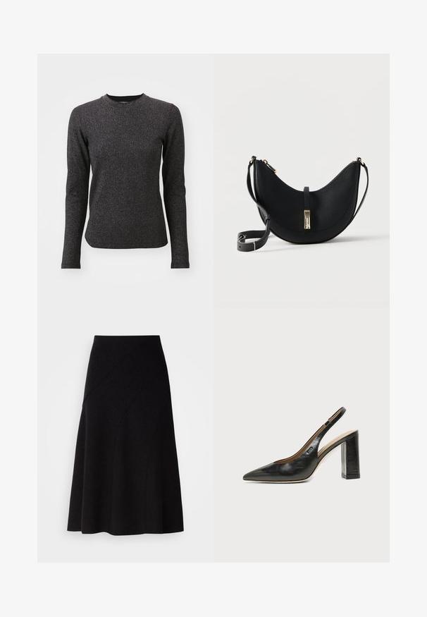 Camiseta negra de manga larga con cuello redondo, confeccionada en una tela texturizada y brillante. El diseño es ajustado e incluye hilos reflectantes sutiles.; Falda negra de lana en línea A con cintura de media altura, que presenta detalles de costuras diagonales y una textura suave, que cae justo por debajo de la rodilla.; Zapato slingback de piel negra con puntera puntiaguda, tacón alto y ancho, y forro interior beige sobre un fondo claro y liso.; Bolso bandolera de cuero negro en forma de luna creciente con cierre dorado y correa ajustable sobre un fondo claro y liso.