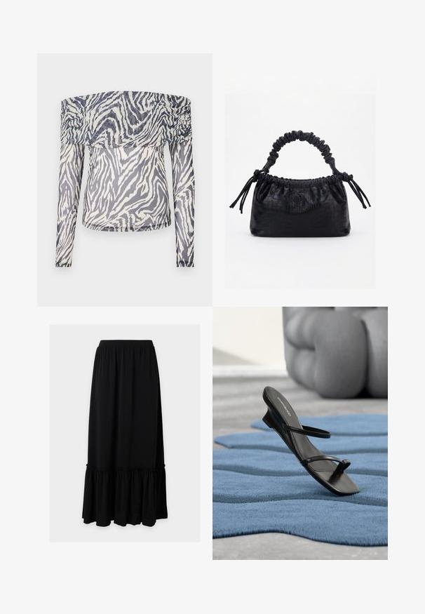 Off-shoulder langærmet top lavet af gennemsigtigt stof med et sort-hvidt zebramønster og rynkede detaljer ved halsudskæringen.; Lang sort nederdel med elastisk taljebånd og samlet flæsekant på en ensfarvet lys baggrund.; Sort sandal med remme og tå-loop vist på et blåt tekstureret tæppe, med en stor grå dekorativ genstand sløret i baggrunden.; Sort taske med krokodilletekstur, rynket øverste kant, samlet hank og snore med kvaster på hver side mod en hvid baggrund.