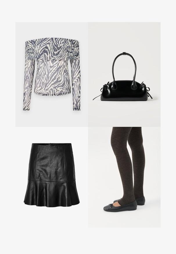 Off-shoulder langærmet top lavet af gennemsigtigt stof med et sort-hvidt zebramønster og rynkede detaljer ved halsudskæringen.; Sort læder mini nederdel med flagrende kant og synlige sømdetaljer, featuring en lynlås lukning bagpå.; Ben iført mørke ribbede leggings kombineret med sorte balletsko med små sløjfedetaljer på hvid baggrund.; Lille sort blank håndtaske med to lange håndtag og snøre-detaljer i siden på en ensfarvet lys baggrund.