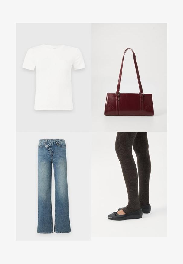 T-shirt blanc à manches courtes en tissu de coton doux. Présente un motif de petits points discret et un col rond, avec une coupe ajustée et une texture côtelée.; Jean en denim bleu clair à jambes larges avec une taille haute, un délavage clair et une fermeture à bouton à l'avant. Comprend cinq poches et des coutures minimales.; Jambes portant des leggings côtelés foncés associés à des ballerines noires avec de petits détails en nœud sur fond blanc.; Sac à main bordeaux en matériau brillant, de forme rectangulaire, avec deux anses et des accents légèrement courbés à l'avant.