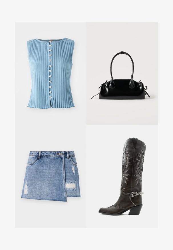 Lyseblå, ærmeløs bluse med vertikal ribbet tekstur og rund halsudskæring. Har hvide knapper ned af fronten og en let split i kanten.; Lysblå denim miniskørt med slidte områder og distressed detaljer. Har en frontknaplukning og traditionelt fem-lommer design.; Sort læder cowboystøvle med dekorative udskæringer, sølvspænde og skrå hæl, vist på hvid baggrund.; Lille sort blank håndtaske med to lange håndtag og snøre-detaljer i siden på en ensfarvet lys baggrund.
