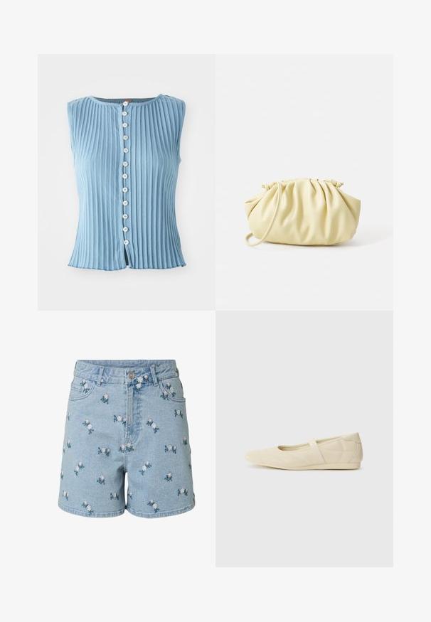 Haut sans manches bleu clair avec une texture à côtes verticales et un col rond. Présente des boutons blancs sur le devant et une légère fente à l'ourlet.; Short en denim bleu clair avec fermeture bouton et zip, décoré de petites fleurs brodées roses et blanches et poches avant.; Ballerines beiges avec une exterior en cuir lisse, un bout en forme d'amande et une sangle élastique sur le coup de pied, avec des détails de couture subtils.; Sac à main plissé jaune en simili cuir lisse, arborant une forme douce avec une bandoulière unique et un design froncé sur le dessus.