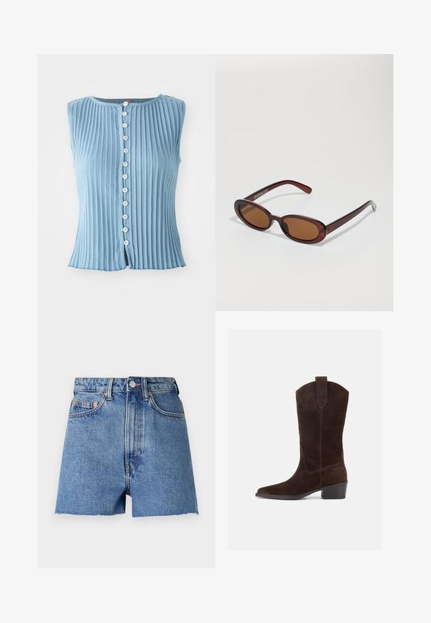 Haut sans manches bleu clair avec une texture à côtes verticales et un col rond. Présente des boutons blancs sur le devant et une légère fente à l'ourlet.; Shorts en denim bleu clair avec taille haute, ourlet effiloché et quincaillerie en cuivre. Comprend deux poches avant et un design classique à cinq poches.; Botte style western mi-mollet en daim marron foncé avec bout pointu, talon bloc et languette, sur fond blanc.; Lunettes de soleil rondes teinte brun avec une monture bordeaux brillante. Branches fines avec un détail de marque subtil. Design de verres plats.