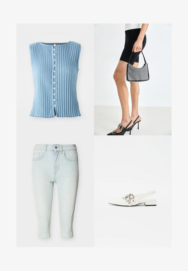 Lyseblå, ærmeløs bluse med vertikal ribbet tekstur og rund halsudskæring. Har hvide knapper ned af fronten og en let split i kanten.; Lyseblå high-waist denim capri jeans med frontknap, lynlås og fem-lomme design vist mod hvid baggrund.; Hvide læder slingback sko med spids tå, sølv spænde detaljer og en lav blokhæl. Glat tekstur med minimal dekoration.; Sort perlehandtaske med en buet silhuet, bærehåndtag og blank overflade. Båret med højhælede sorte sko og tætsiddende sorte shorts.